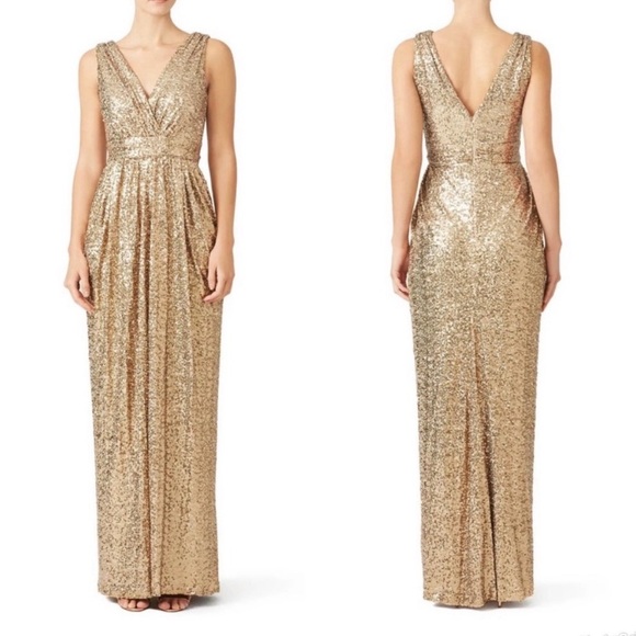 Badgley Mischka Gold Glitz Gown Gold Silver Sequin Pleated Ruched Formal Maxi 12 - Picture 1 of 7